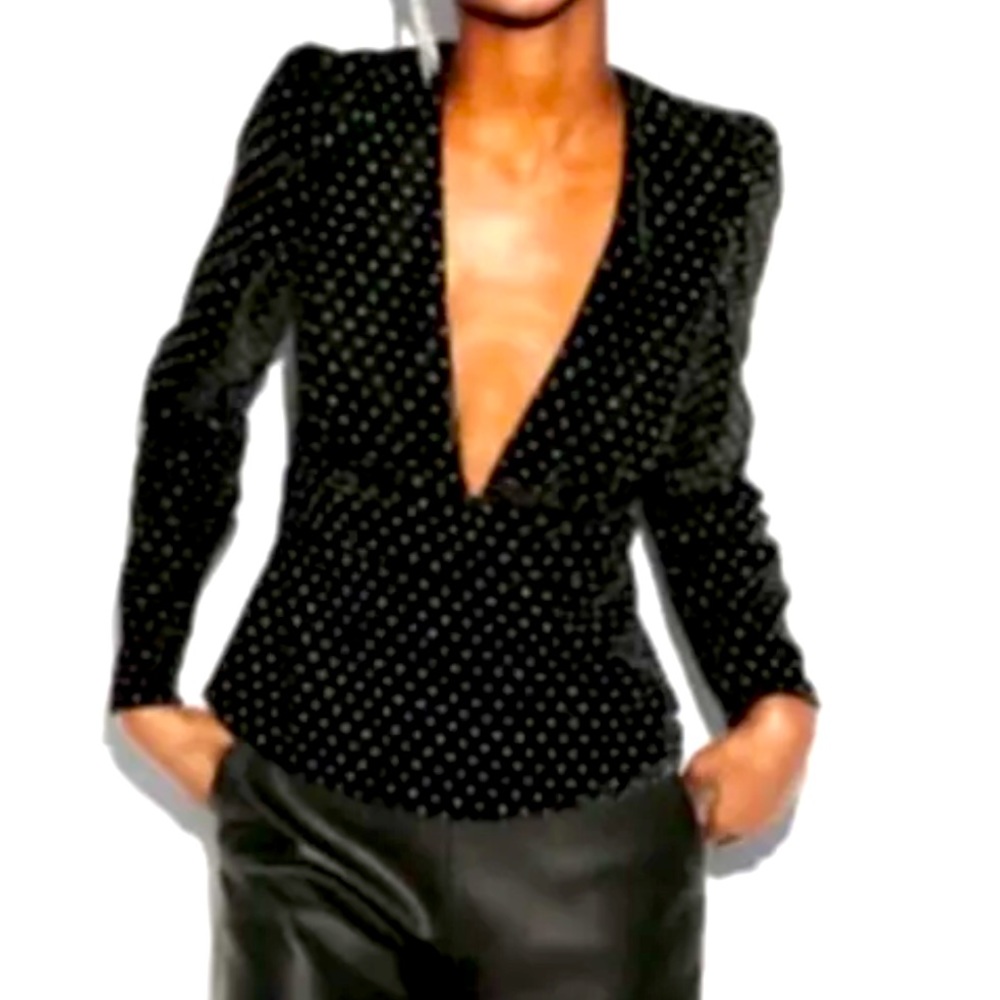 NWT Express Polka Dots Peplum Top Glittered Long Sleeves Velvet Black Sz XS